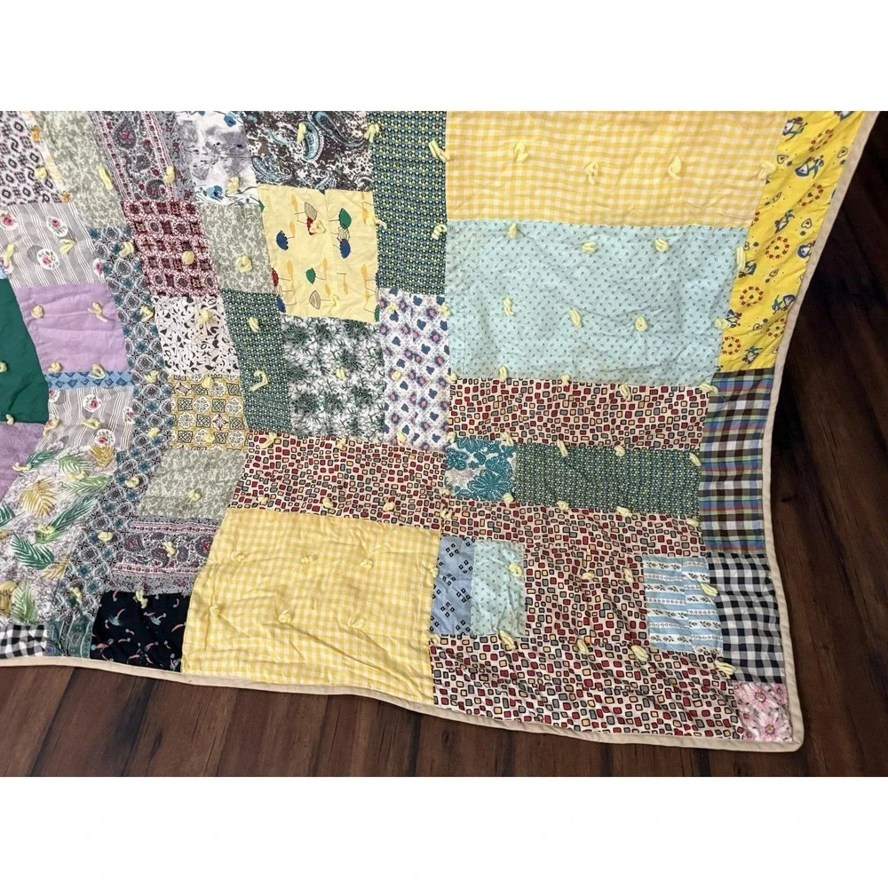 VTG Hand-Made Patchwork‎ Quilt Yarn Tied 64x80 Farmhouse Chickens Cottagecore